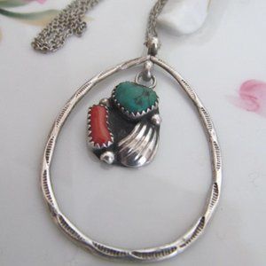 Vintage Navajo Sterling Silver Turquoise & Coral Necklace 16" sterling chain